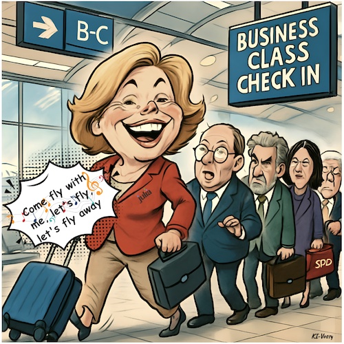 Cartoon: Neidflüge (medium) by KI-Vossy tagged julia,klöckner,cdu,regierung,bundesregierung,geschäftsreisen,dienstreise,reise,dienst,bundestag,abgeordnete,bundestagsabgeordnete,business,class,parlamentarier,klasse,präsidentin,bundestagspräsidentin,ältestenrat,steuer,steuern,steuerzahler,flugticket,lufthansa,berlin,lissabon,economy,julia,klöckner,cdu,regierung,bundesregierung,geschäftsreisen,dienstreise,reise,dienst,bundestag,abgeordnete,bundestagsabgeordnete,business,class,parlamentarier,klasse,präsidentin,bundestagspräsidentin,ältestenrat,steuer,steuern,steuerzahler,flugticket,lufthansa,berlin,lissabon,economy