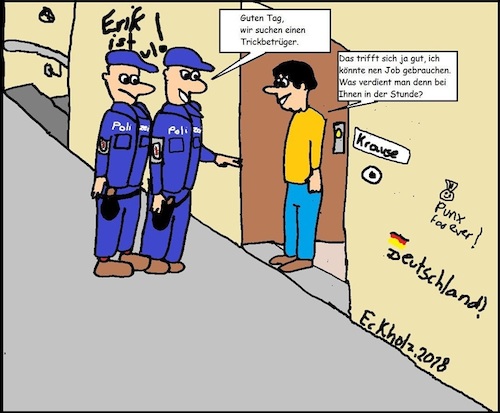 Cartoon: Trickbetrüger gesucht... (medium) by Kruscha1978 tagged polizisten,trickbetrüger,männer,gesellschaft,missverständnis,räuber,gendarm,kriminalität,betrüger,betrug