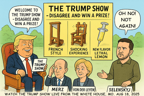 Cartoon: Announcement (medium) by ArtyFicial tagged trump,show,usa,white,house,selenskyj,merz,von,der,leyen,visit,ukraine,russia,europe,eu,war,peace,talks,negotiations,putin,military,special,operation,kill,death,partnership,breakup