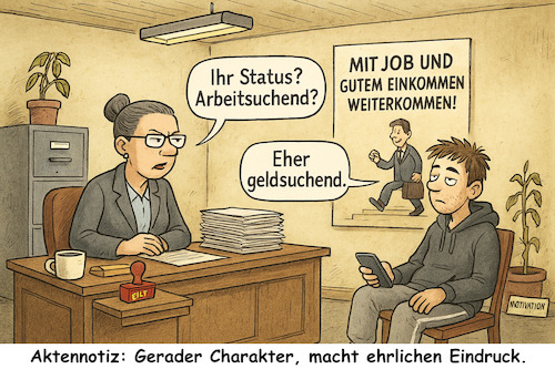 Cartoon: Ehrlichkeit ist eine Zier (medium) by ArtyFicial tagged agentur,für,arbeit,jobsuche,geldsuche,einkommen,behörde,mief,büro,beamtin,junge,mann,beruf,motivation,desillusionierend