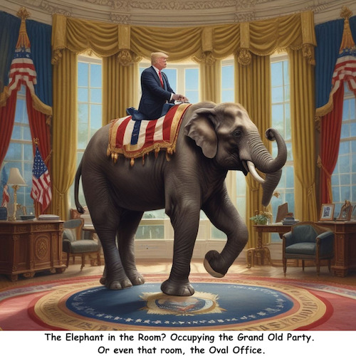 Cartoon: Elephant in The Room (medium) by ArtyFicial tagged trump,presidential,election,grand,old,party,republicans,white,house,oval,office