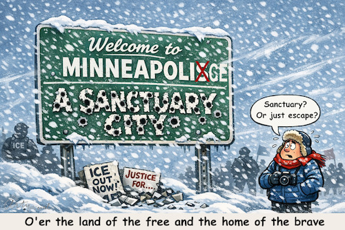 Cartoon: En Avant (medium) by ArtyFicial tagged usa,trump,ice,arrests,police,minneapolis,january,2026,escape,refuge,sanctuary,city,brutality,assaults,conflicts,civil,protests,violence,coup,etat