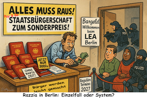 Cartoon: Es gilt die Unschuldsvermutung (medium) by ArtyFicial tagged berlin,deutschland,einbürgerung,urkunde,razzia,landesamt,für,einwanderung,lea,korruption,verdacht