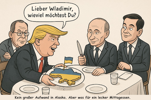 Cartoon: Gab doch ein lecker Mittagessen (medium) by ArtyFicial tagged usa,russland,trump,putin,lawrow,rubio,präsident,außenminister,alaska,gipfel,ukraine,serviert,hauptgang
