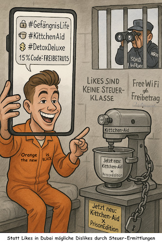 Knast statt Dubai (medium) Cartoon: Knast statt Dubai (medium) by ArtyFicial tagged influencer,steuern,steuerbetrug,nrw,dubai,knast,fahndung,steuerprüfung,steuerfahndung,illegalität,strafe,justiz,skandal