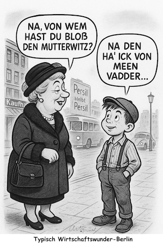 Cartoon: Nicht auf den Mund gefallen (medium) by ArtyFicial tagged berlin,wirtschaftswunder,wirtschaftswunderzeit,historisch,1950er,1960er,berlinerisch,berlinern,dialekt,frau,dame,junge,knabe,klugheit,schlagfertigkeit,mutterwitz