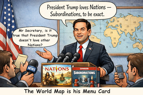 Cartoon: POTUS in love (medium) by ArtyFicial tagged usa,potus,president,trump,hungry,menu,card,love,nations,subordinations