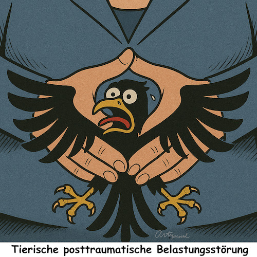 Cartoon: PTBS (medium) by ArtyFicial tagged ptbs,posttraumatische,belastungsstörung,adler,bundesadler,bundesrepublik,deutschland,merkel,raute,würgegriff