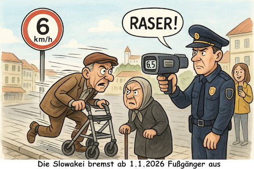 Cartoon: Rasend komisch (medium) by ArtyFicial tagged eu,slowakei,tempolimit,gehweg,fußgänger,rollator,skater,skooter,roller