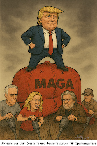 Cartoon: Sichtbare Risse (medium) by ArtyFicial tagged usa,maga,trump,epstein,bannonmarjorie,taylor,greene,bewegung,spaltung,risse,diesseits,jenseits,akten,veröffentlichen,stil,uneinigekeit,zwist,streit,zank