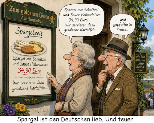 Cartoon: Spargelzeit 2 (medium) by ArtyFicial tagged spargel,spargelzeit,preise,gepfeffert,teuer,schnitzel,restaurant,lokal,ausflug,luxus,paar,ehepaar,konservativ,klassisch,rentner,alter,gastronomie,essen,appetit
