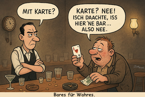 Cartoon: Sperrstunde (medium) by ArtyFicial tagged alkohol,bar,karte,kartenzahlung,unbar,bargeld,sperrstunde,barkeeper,barmixer,bierzapfer,kneipe,schluss,säufer,alkoholiker,trinker,gast,blau,besoffen,angetrunken,betrunken,in,vino,veritas,zahlungsmittel