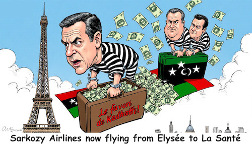Cartoon: Super Sarko (medium) by ArtyFicial tagged frankreich,libyen,sarkozy,gaddafi,khadafi,gefängnis,la,sante,paris,schmiergeld,korruption,wahlkampf,innenpolitik,außenpolitik