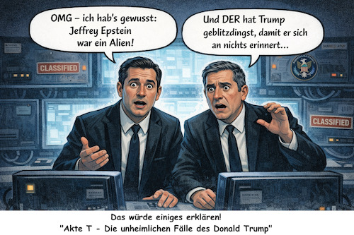 Cartoon: Transparenz durch Freigabe (medium) by ArtyFicial tagged usa,präsident,president,trump,freigabe,akten,files,epstein,ufo,alien,außerirdische,men,in,black,agenten