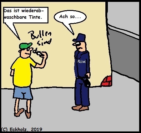 Cartoon: Ach so... (medium) by SMK tagged flegel,lümmel,bengel,wandschmierereien,polizist,männer,jugend,respektlosiglosigkeit,gesellschaft,graffitty,stadtleben,stadtalltag,sachbeschädigung,delikt,schmierereien,unverschämheit