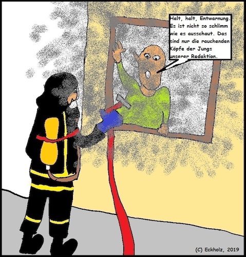 Cartoon: Entwarnung... (medium) by SMK tagged feuerwehrmann,redaktion,rauchende,köpfe,job,gesellschaft,schriftleitung,brand,qualm,nebel