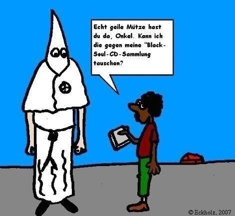 Cartoon: Geile Mütze (medium) by Walross tagged blacksoul,musik,jugend,ku,klux,klan,rassismus,antirassismus,mütze,tausch,kind,mann,schwarze,weiße,gesellschaft,hass,kultur