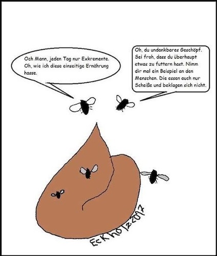 Cartoon: Einseitige Ernährung... (medium) by Hobbyzeichner tagged ernährung,fliegen,scheisse,kot,unzufriedenheit,gesellschaft,insekten,menschen