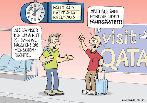 Cartoon: Fahrgäste sind auch Menschen (medium) by Rovey tagged deutsche,bahn,db,zugverkehr,em,2024,europameisterschaft,fußball,fußballeuropameisterschaft,fußballspiele,sportevent,sommermärchen,menschenrechte,qatar,fahrgastrechte,bahnreise,fahrgäste,bahnhof,zugausfall,zugausfälle,verspätung,unzufriedenheit,pünktlichkeit,önpv,passagiere,verkehr,mobilität,fußballturnier,sponsoring,sponsor,fußballfans,bahnsteig,dialog,fahrplan,deutsche,bahn,db,zugverkehr,em,2024,europameisterschaft,fußball,fußballeuropameisterschaft,fußballspiele,sportevent,sommermärchen,menschenrechte,qatar,fahrgastrechte,bahnreise,fahrgäste,bahnhof,zugausfall,zugausfälle,verspätung,unzufriedenheit,pünktlichkeit,önpv,passagiere,verkehr,mobilität,fußballturnier,sponsoring,sponsor,fußballfans,bahnsteig,dialog,fahrplan