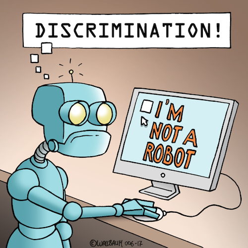 Cartoon: I am not a robot (medium) by Rovey tagged robot,internet,pc,computer,discrimination,web,personality,security,machine,artificial,consciousness,intelligence,ai,click,automaton,robotics,ki,künstliche,intelligenz,robot,internet,pc,computer,discrimination,web,personality,security,machine,artificial,consciousness,intelligence,ai,click,automaton,robotics