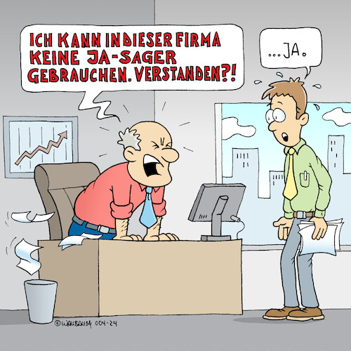 Cartoon: Jasager (medium) by Rovey tagged chef,führungskraft,vorgesetzter,arbeitsplatz,berufsleben,beruf,arbeit,arbeitswelt,firma,unternehmenskultur,firmenkultur,führungsstil,umgang,unternehmensführung,büroleben,meinungsschwäche,konturlos,persönlichkeit,charakter,stärke,charakterschwäche,autorität,schwäche,jasager,choleriker,brüllen,anschreien,wut,wutanfall,mitarbeiterführung,menschlich,hierarchie,macht,arbeitsalltag,karriere,kommunikation,verständnis,chef,führungskraft,vorgesetzter,arbeitsplatz,berufsleben,beruf,arbeit,arbeitswelt,firma,unternehmenskultur,firmenkultur,führungsstil,umgang,unternehmensführung,büroleben,meinungsschwäche,konturlos,persönlichkeit,charakter,stärke,charakterschwäche,autorität,schwäche,jasager,choleriker,brüllen,anschreien,wut,wutanfall,mitarbeiterführung,menschlich,hierarchie,macht,arbeitsalltag,karriere,kommunikation,verständnis