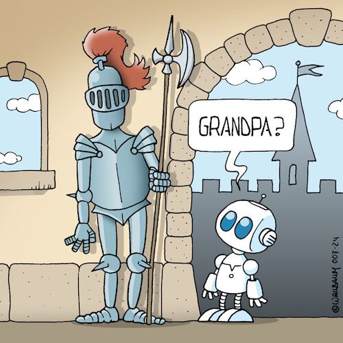 Cartoon: What AI wants to know (medium) by Rovey tagged knight,man,armor,warrior,robot,small,mini,ai,artificial,intelligence,castle,old,historical,walls,medieval,fortress,origin,question,doubt,consciousness,science,fiction,past,future,comedy,tech,humor,digital,cartoon,illustration,knight,man,armor,warrior,robot,small,mini,ai,artificial,intelligence,castle,old,historical,walls,medieval,fortress,origin,question,doubt,consciousness,science,fiction,past,future,comedy,tech,humor,digital,cartoon,illustration