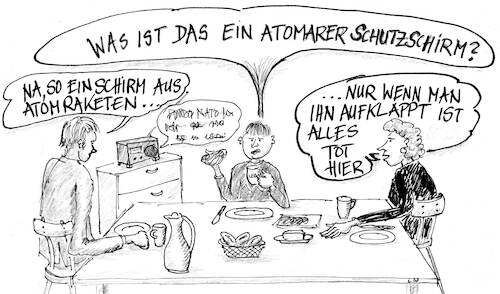 Cartoon: Atomarer Schutzschirm (medium) by Don-al-dente tagged atomwaffen,europa,schutzschirm,nato,aufrüstung,frieden,sicherheit,verteidigung,atomkrieg