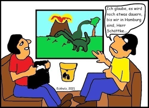 Cartoon: Unterwegs... (medium) by Kritzelhonk tagged bahn,unterwegs,dinosaurier,reisen,zug,eisenbahn,urzeit,gesellschaft,männer