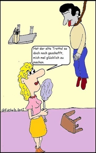 Cartoon: Alter Trottel... (medium) by Mr Speck tagged trottel,frau,mann,tod,suizid,hängen,erhängen,baumeln,freitod,hass,gesellschaft,melancholie,depressionen,freude,schadenfreude,häme,selbstmord,trennung,staubwedel,staubmopp,hausarbeit,hausputz,hauswirtschaft,lieblosigkeit,gehässigkeit