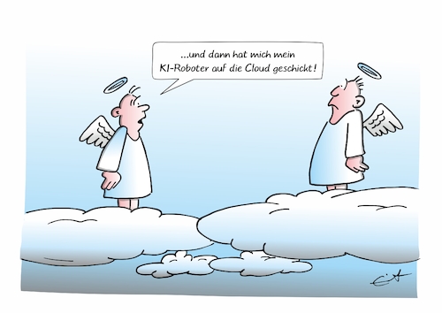Cartoon: Auf der Cloud... (medium) by Bernd Eisert tagged wolke,cloud,engel,ki,roboter,abgeschoben,wolke,cloud,engel,ki,roboter,abgeschoben