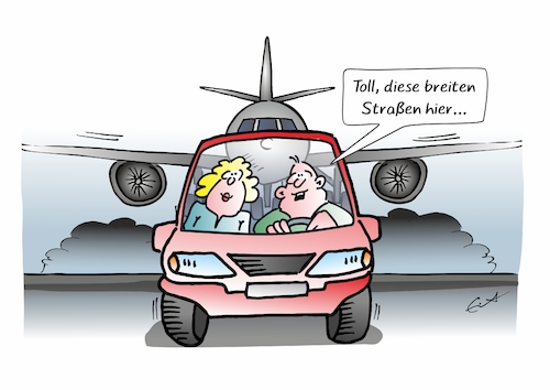 Cartoon: Breite Straße (medium) by Bernd Eisert tagged auto,ehepaar,straße,landebahn,flugzeug,auto,ehepaar,straße,landebahn,flugzeug