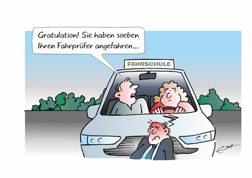 Cartoon: Fahrprüfung (medium) by Bernd Eisert tagged auto,fahrschule,fahrlehrer,prüfer,unfall,führerschein,auto,fahrschule,fahrlehrer,prüfer,unfall,führerschein