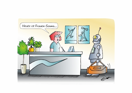 Cartoon: Frauensauna (medium) by Bernd Eisert tagged sauna,frauen,roboter,empfang,sauna,frauen,roboter,empfang