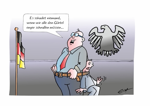 Cartoon: Gürtel enger (medium) by Bernd Eisert tagged politik,sparen,einschnitte,bürger,wohlstand,diäten,politiker,ungleich,politik,sparen,einschnitte,bürger,wohlstand,diäten,politiker,ungleich