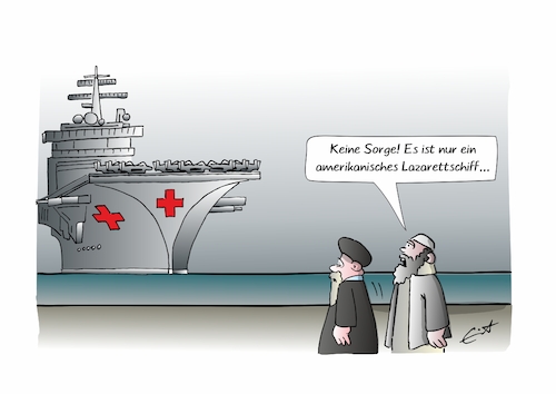 Cartoon: Hilfe aus Amerika (medium) by Bernd Eisert tagged amerika,iran,flugzeugträger,konflikt,krieg,angriff,lazarettschiff,amerika,iran,flugzeugträger,konflikt,krieg,angriff,lazarettschiff