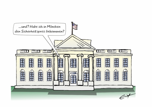 Cartoon: Sicherheitspreis (medium) by Bernd Eisert tagged trump,weißes,haus,amerika,münchen,sicherheitskonferenz,msc,sicherheit,preis,trump,weißes,haus,amerika,münchen,sicherheitskonferenz,msc,sicherheit,preis