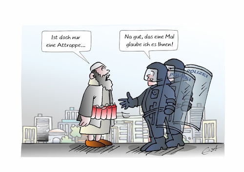 Cartoon: Vertrauen (medium) by Bernd Eisert tagged kontrolle,attentäter,sprenggürtel,polizei,vertrauen,naiv,fehler,kontrolle,attentäter,sprenggürtel,polizei,vertrauen,naiv,fehler