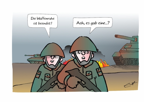 Cartoon: Waffenruhe (medium) by Bernd Eisert tagged krieg,frieden,waffenruhe,soldat,krise,brüchig,kampf,krieg,frieden,waffenruhe,soldat,krise,brüchig,kampf