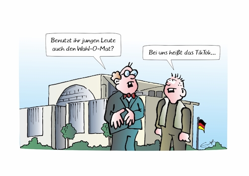 Cartoon: Wahlhilfe (medium) by Bernd Eisert tagged wahl,hilfe,wahlomat,tiktok,jugendlicher,amtssitz,meinung,partei,wahl,hilfe,wahlomat,tiktok,jugendlicher,amtssitz,meinung,partei