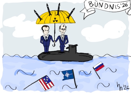 Cartoon: Bündnis 26 (medium) by henni hindemith tagged macron,merz,atomschirm,atomwaffen,nuklearwaffen