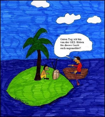 Cartoon: GEZ-Kotrolle... (medium) by Kritzelspacko78 tagged gez,kontrolle,ozean,insel,einsamkeit,männer,rundfunkgebühren,rundfunk,fernseher,gesellschaft