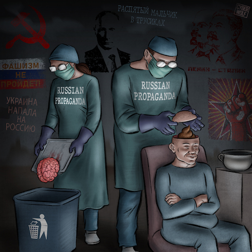 Cartoon: A Perfect Transplant (medium) by Cyberwolf tagged russian,propaganda,brain,transplantation,poop,surgery,fakes,putin,war,criminal