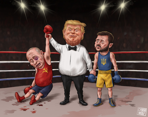 Cartoon: Declared Victory (medium) by Cyberwolf tagged trump,putin,zelenskyy,war,victory,referee,boxing,geopolitics,trump,putin,zelenskyy,war,victory,referee,boxing,geopolitics