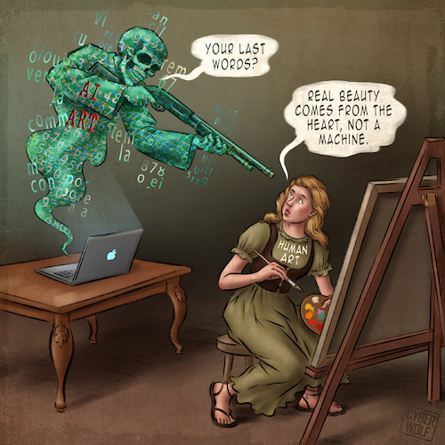 Cartoon: The Last Brushstroke (medium) by Cyberwolf tagged ai,artist,girl,easel,pallette,brush,human,art,robot,artificial,intelligence,progress