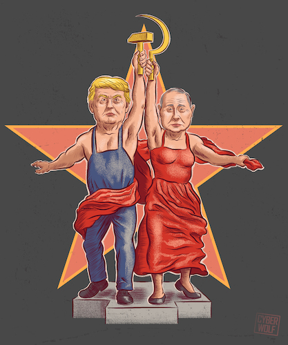 Cartoon: Worker and Farmer Revival (medium) by Cyberwolf tagged trump,putin,satire,worker,and,kolkhoz,woman,soviet,statues,propaganda,communist,symbols,ussr,hammer,sickle