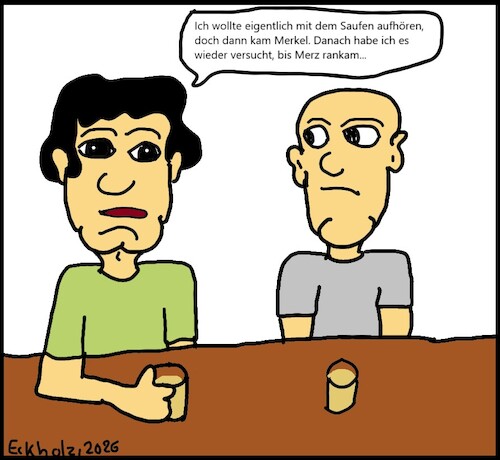 Cartoon: Eigentlich... (medium) by Pummel tagged merkel,merz,bundeskanzlerin,bundeskanzler,alkoholabhängigkeit,alkoholismus,kneipe,gesellschaft,männer,bier,trinken,politiker