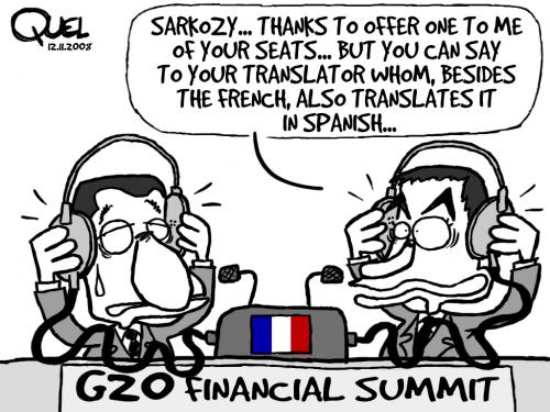 Cartoon: SPAIN IN THE G-20 SUMMIT (medium) by QUEL tagged spain,france,zapatero,sarkozy,g20,summit