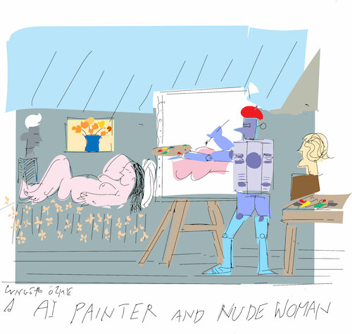 Cartoon: AI Painter and nude woman (medium) by gungor tagged ai,painter,ai,painter