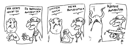 Cartoon: antiantiantibiotika (medium) by JP tagged keime,multiresistent,mutation,patient,wels,arzt,krankheit,infektion,virus,antibiotika,antibiotika,virus,infektion,krankheit,arzt,patient,mutation,multiresistent,keime