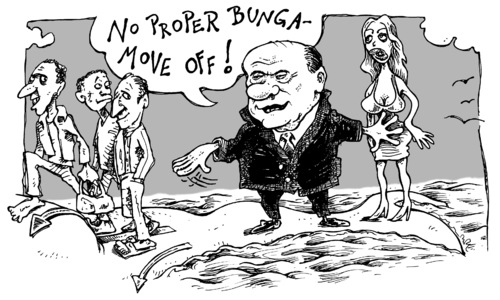 Cartoon: escape from bungaland (medium) by JP tagged berlusconi,bunga,italy,migration,silvio berlusconi,italien,migration,skandal,frauen,politiker,macht,silvio,berlusconi